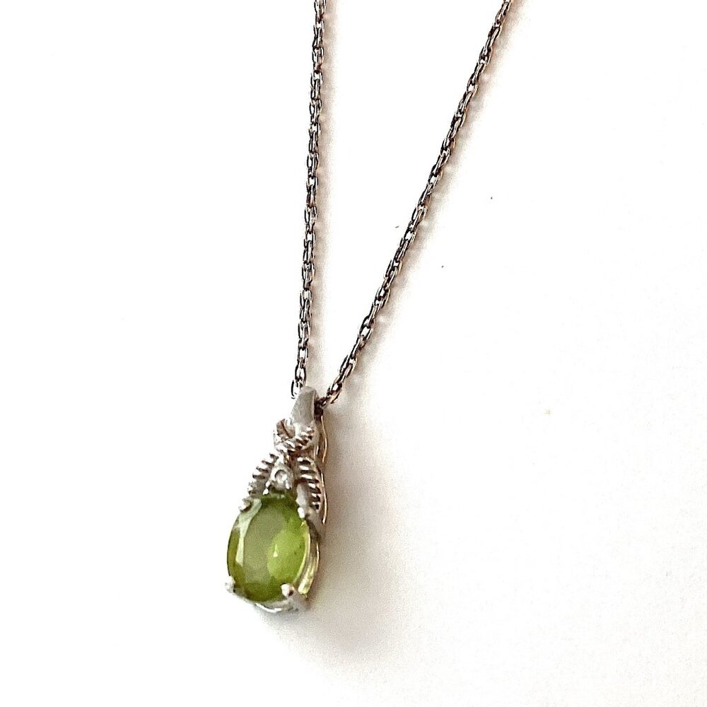 Vintage Peridot Necklace, Sterling Silver with CZ and Green Stone Pendant